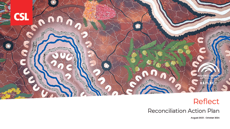 Image of the Aboriginal Artwork which appears on the front cover of CSL's Reflection Reconciliation Action Plan document. Artwork provided by Simone Thomson in collaboration with Dreamtime Art Creative Consultancy.